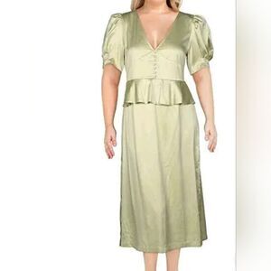 Danielle Bernstein 12 Puff-Sleeve Dot-Print Zip Peplum Olive Midi Women Dress